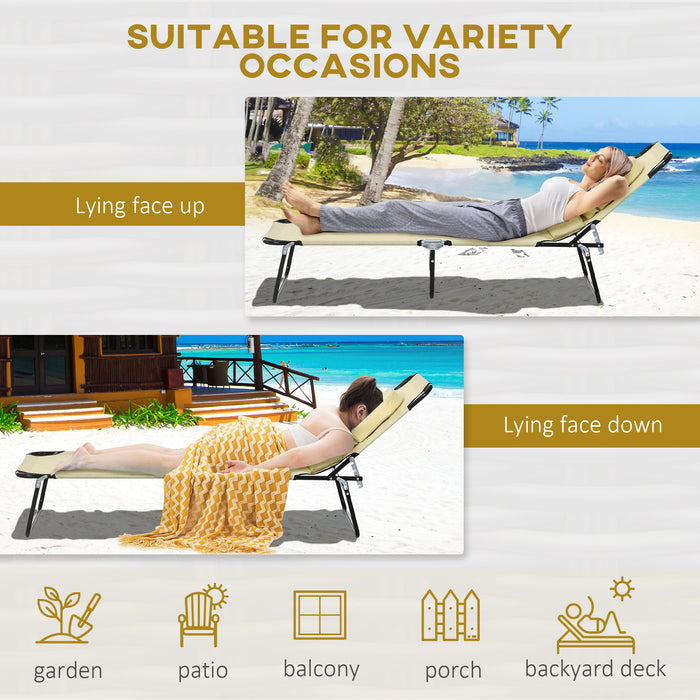 Foldable Beige Sun Lounger Set with Pillow - Adjustable Reclining Chair with 4-Level Backrest and Reading Hole - Perfect for Patio Relaxation and Sunbathing