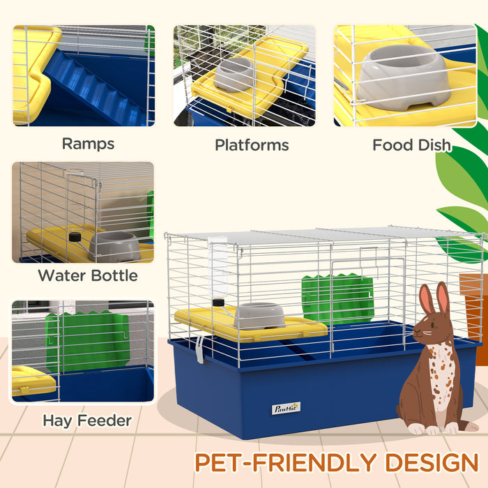 Small Animal Habitat for Chinchillas, Guinea Pigs, and Rabbits - Sturdy Pet Cage with Platform and Ramp, 71x46x47 cm, Vibrant Blue - Ideal Playhouse for Your Furry Friends