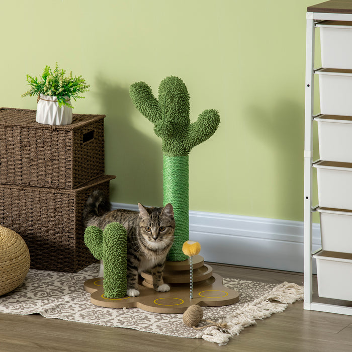 Cactus-Shaped Chenille Cat Tree 60cm - Activity Center with Sisal Scratching Post & Interactive Turntable Ball Toys - Perfect Play Structure for Energetic Cats