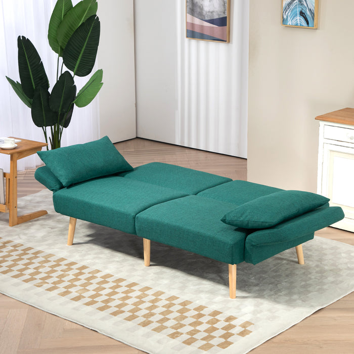 Convertible 2/3-Seater Sofa Bed in Green - Fabric Couch with Pull-Out Bed Settee and 2 Cushions - Ideal for Living Room or Guest Room Comfort