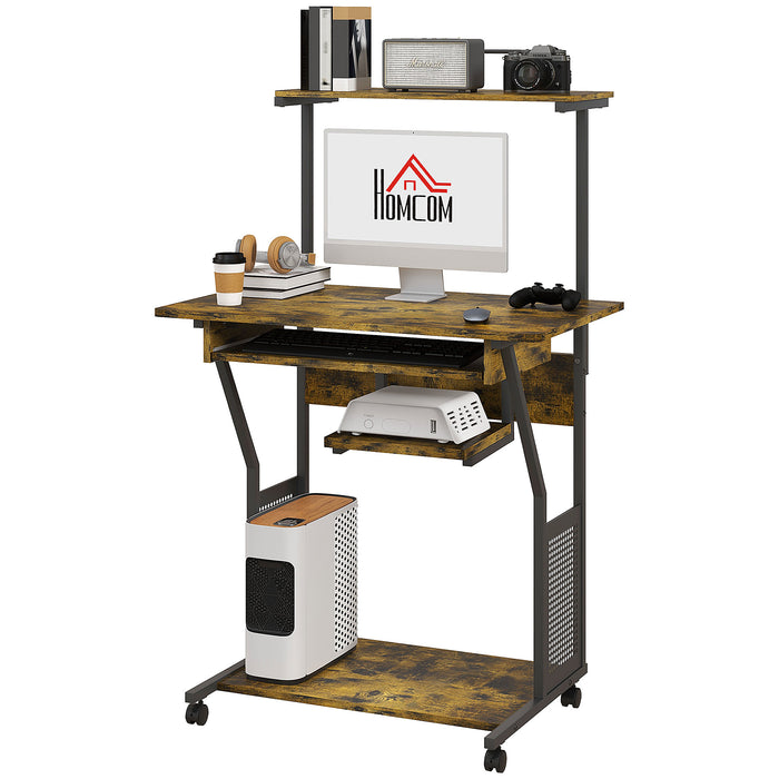 Industrial-Style Mobile Workstation - Computer Desk with Keyboard Tray and Storage Shelves on Wheels - Space-Saving Rolling Study Table for Home Office Users