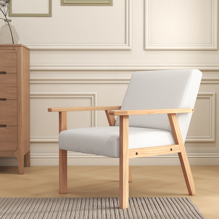 Thick Linen-Cushioned Accent Chair with Wood Frame - Wide Seat Armchair in Cream White, Ideal for Bedroom & Office Furniture - Comfortable Seating for Home Spaces