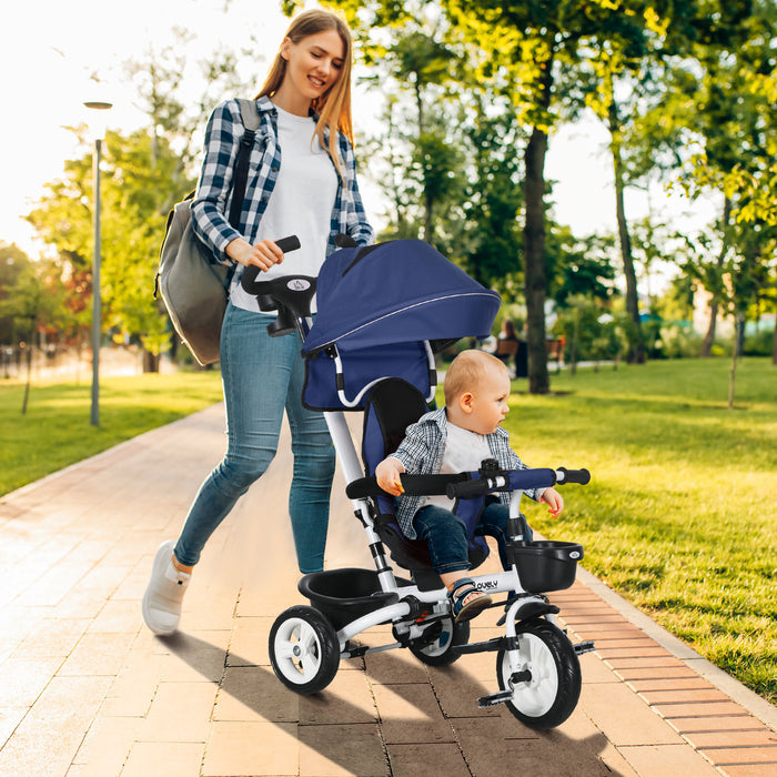 4-in-1 Baby Push Tricycle with Metal Frame and Parent Handle - Versatile and Durable Ride-on Toy for Toddlers - Ideal for 1-5 Year Olds, Dark Blue