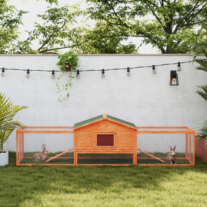 Outdoor Wooden Rabbit Hutch with Spacious Run - Includes Tray, Ramps, and Durable Asphalt Roof - Ideal for Pet Rabbits and Small Animals, 309x70x87cm, Orange Color