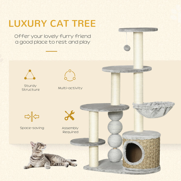 115cm Cat Climbing Tower - Multi-Level Kitten Activity Centre with Plush House, Hammock, Jute Scratching Post & Play Ball - Ideal for Indoor Cat Play & Lounge