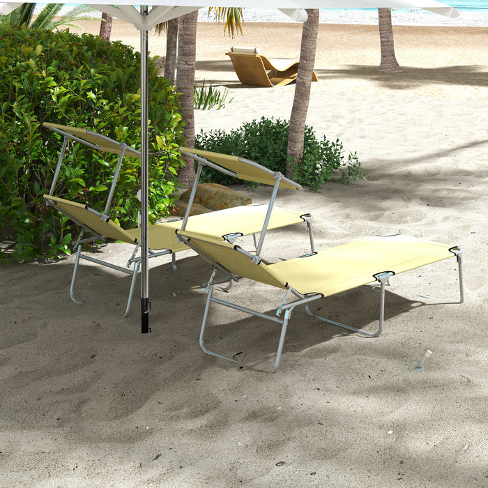 Foldable Twin Sun Lounger Chairs with 4-Level Adjustable Backrest and Sunshade - Reclining Beach and Patio Furniture in Beige - Ideal for Sunbathing and Relaxation Outdoors