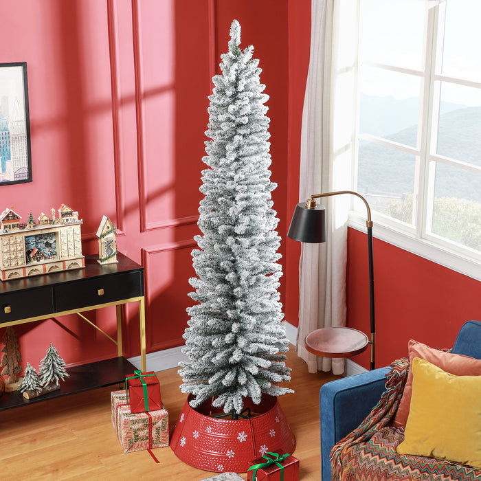 7ft Snow Flocked Pencil Christmas Tree - 405 Realistic Tips with Sturdy Metal Base - Space-Saving Design for Holiday Decor