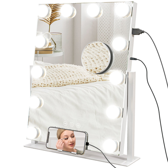 Hollywood Vanity Mirror with Lights - 37x46 cm, 3-Color Lighting, 12 LED Bulbs, 10X Magnification - Includes USB Port and Phone Holder for Makeup Artists