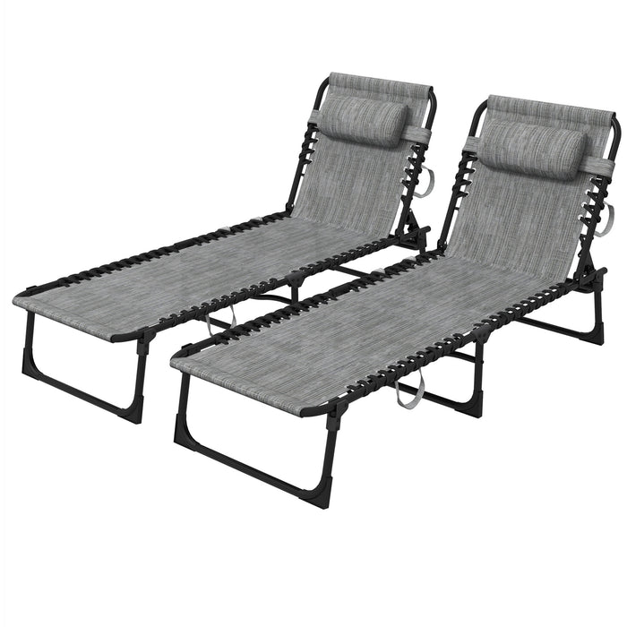 Folding Sun Lounger Duo Pack - Adjustable Reclining Outdoor Chair with Pillow and Side Pocket, Mixed Grey - Ideal for Patio, Garden, Beach, and Pool Relaxation