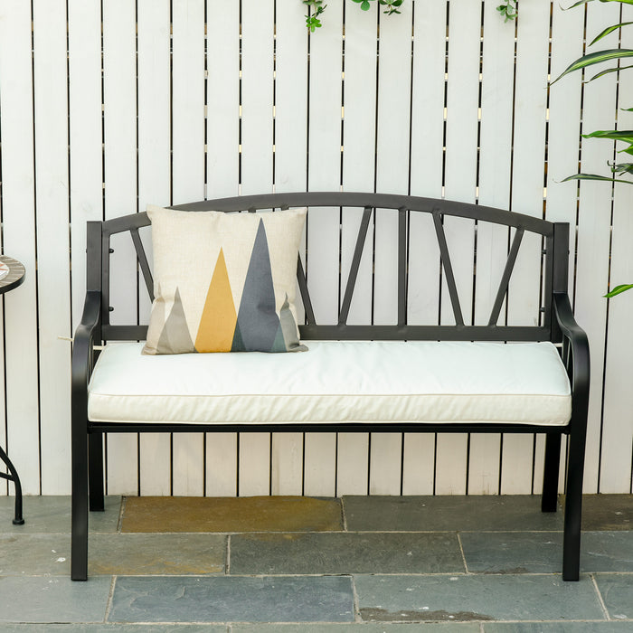 Metal Loveseat Garden Bench - Slatted 2-Seater with Decorative Backrest and Cushions - Ideal for Parks and Outdoor Relaxation in Cream White and Black