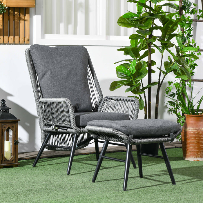 Outdoor PE Rattan Recliner Set - 2-Piece Patio Lounge Chair with Adjustable Backrest and Footrest, Grey Cushions - Comfortable Seating for Garden and Poolside Relaxation