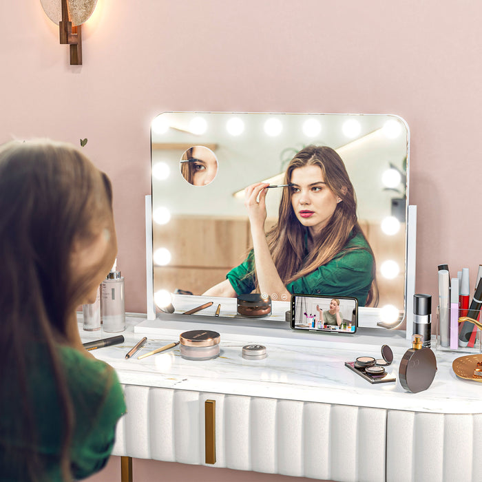 Large Hollywood Vanity Mirror with LED Lights - 63x50 cm Lighted Makeup Mirror, 3 Colour Modes, 14 Bulbs, Touch Control - Includes 10X Magnifying, USB Port, Phone Holder, 360° Swivel Function