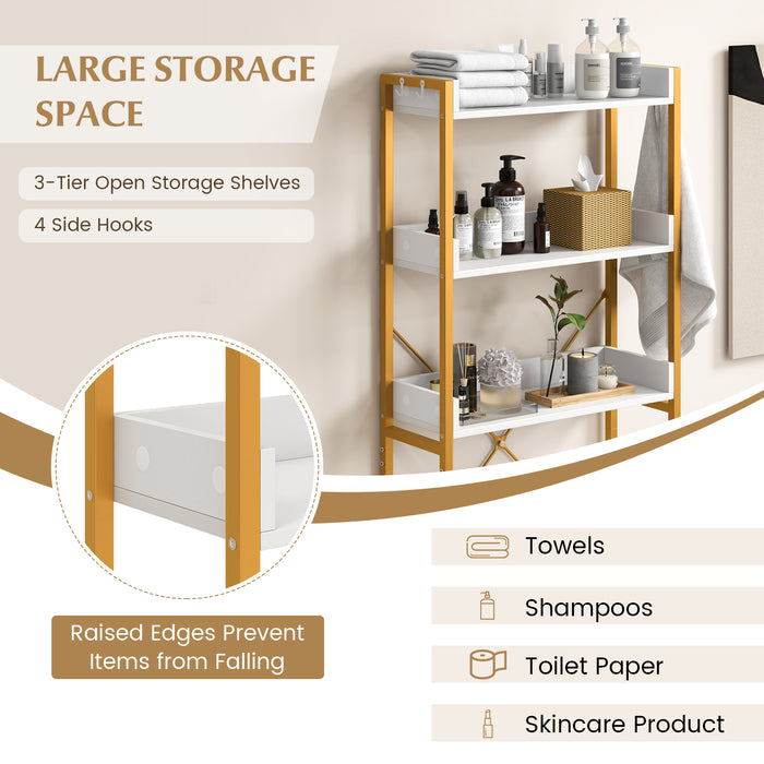 Over The Toilet 3-Tier Storage Rack - Featuring 4 Hooks and Adjustable Bottom Bar in White - Space-Saving Solution for Bathroom Organizing