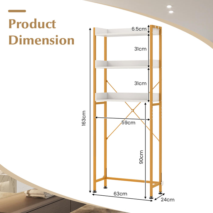 Over The Toilet 3-Tier Storage Rack - Featuring 4 Hooks and Adjustable Bottom Bar in White - Space-Saving Solution for Bathroom Organizing