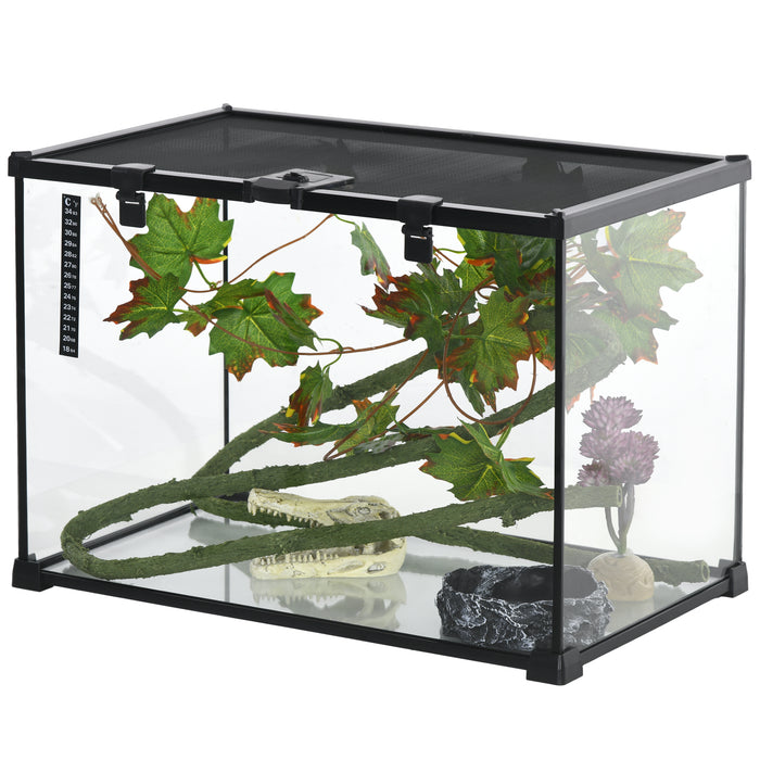 Reptile Habitat Terrarium Set - Glass Enclosure with Decor Kit and Built-in Thermometer, 50cm x 30cm x 35cm - Perfect for Breeding Small Animals, Heated Design in Sleek Black