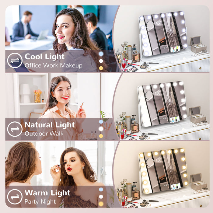 Large Hollywood Vanity Mirror with LED Lights - 63x50 cm Lighted Makeup Mirror, 3 Colour Modes, 14 Bulbs, Touch Control - Includes 10X Magnifying, USB Port, Phone Holder, 360° Swivel Function