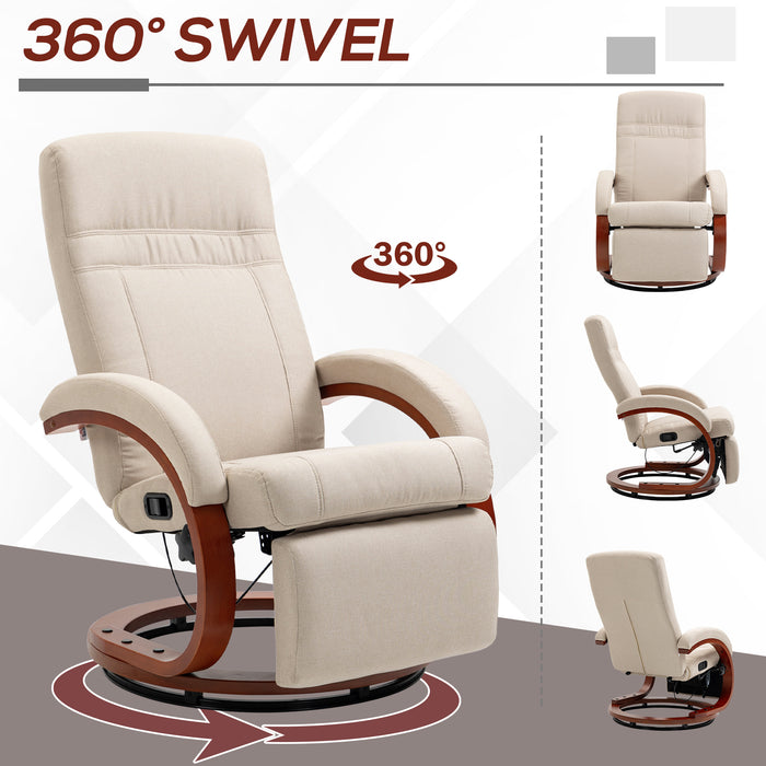 Swivel Recliner Chair with Wood Base - Extended Footrest, Manual Recline for Comfort, Beige - Ideal for Living Room or Bedroom Relaxation