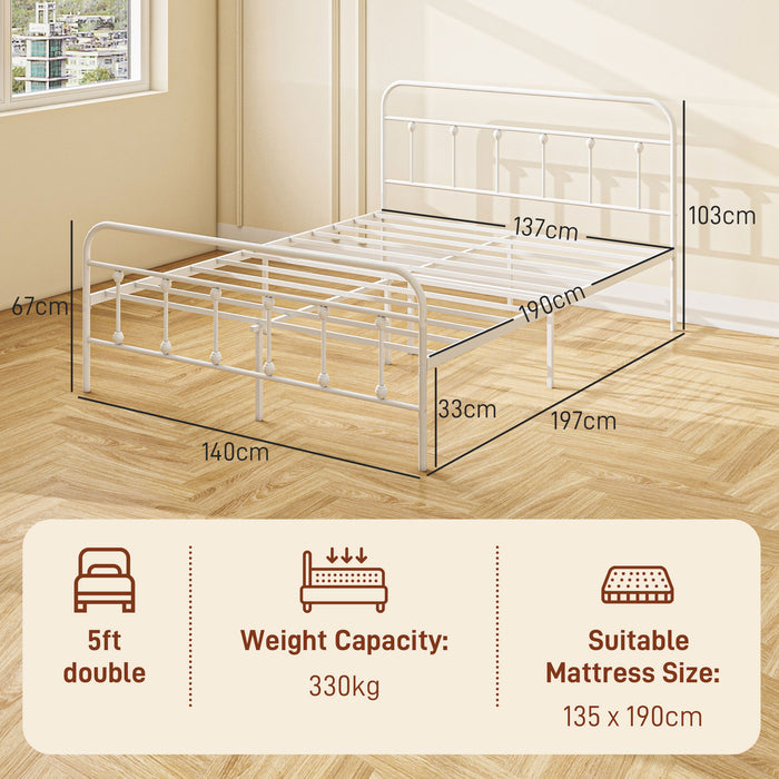 Double Platform Bed Frame with Underbed Storage - 4ft Steel Slat Design & Tall Headboard, No Box Spring Required - Space-Saving Easy Assembly, White