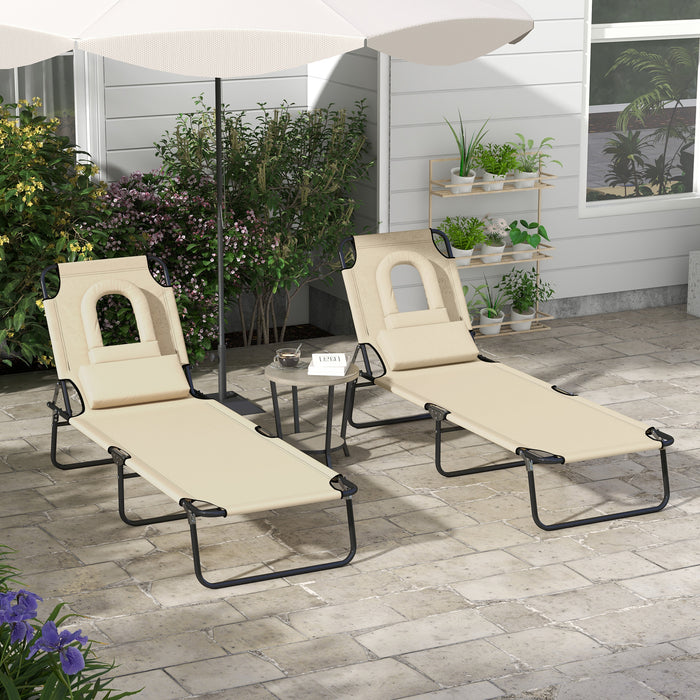 Foldable Sun Lounger Pair with Adjustable Backrest - Reclining Outdoor Chair Set with Pillow & Reading Hole, Brown - Ideal for Poolside Comfort & Patio Relaxation