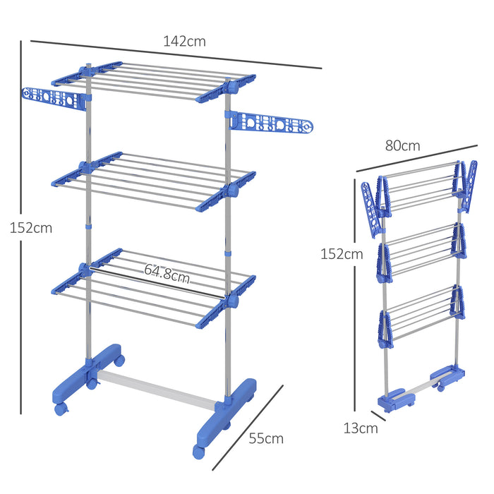 Foldable 3-Tier Stainless Steel Clothes Airer with Wheels - Indoor/Outdoor Drying Rack with Expandable Wings, Easy Assembly - Space-Saving Solution for Laundry Management, 142x55x152cm, Blue