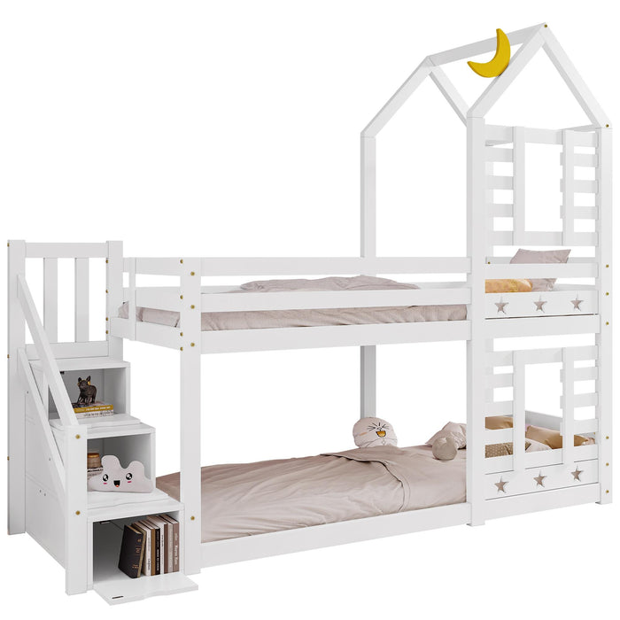 Solid Pine Wood Twin Sleeper with Storage - Cabin Bunk Bed with Built-in Staircase, Cupboards, and Underbed Drawers, 235x97x217 cm in White - Ideal Space Saver for Kids' Bedroom