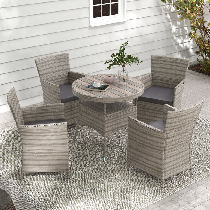 5-Piece Rattan Dining Set - Removable Cushions, Slatted Table Design, Grey Finish - Perfect for Patio, Lawn, or Balcony Dining