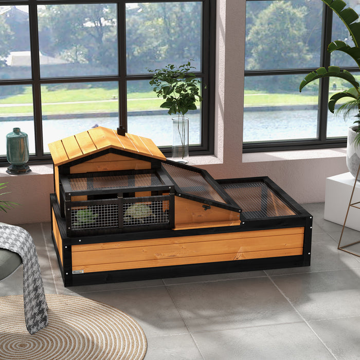 Tortoise Living Habitat - Wooden House with Balcony & Tray, Weather-Resistant Roof - Ideal for Indoor and Outdoor Use, Vibrant Yellow