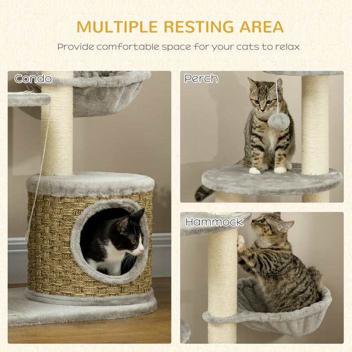 115cm Cat Climbing Tower - Multi-Level Kitten Activity Centre with Plush House, Hammock, Jute Scratching Post & Play Ball - Ideal for Indoor Cat Play & Lounge