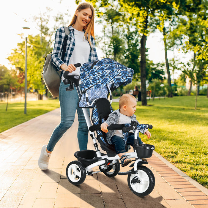 4-in-1 Baby Push Tricycle with Metal Frame - Light Blue Toddler Trike with Parent Handle - Versatile Ride-On Toy for Ages 1-5 Years