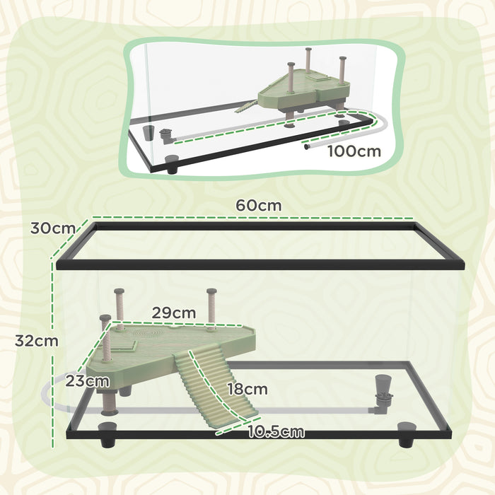 Glass Turtle Aquarium with 50L Capacity - Basking Platform, Easy-Drain System, Built-in Strip Thermometer - Ideal for Aquatic Reptile Habitats