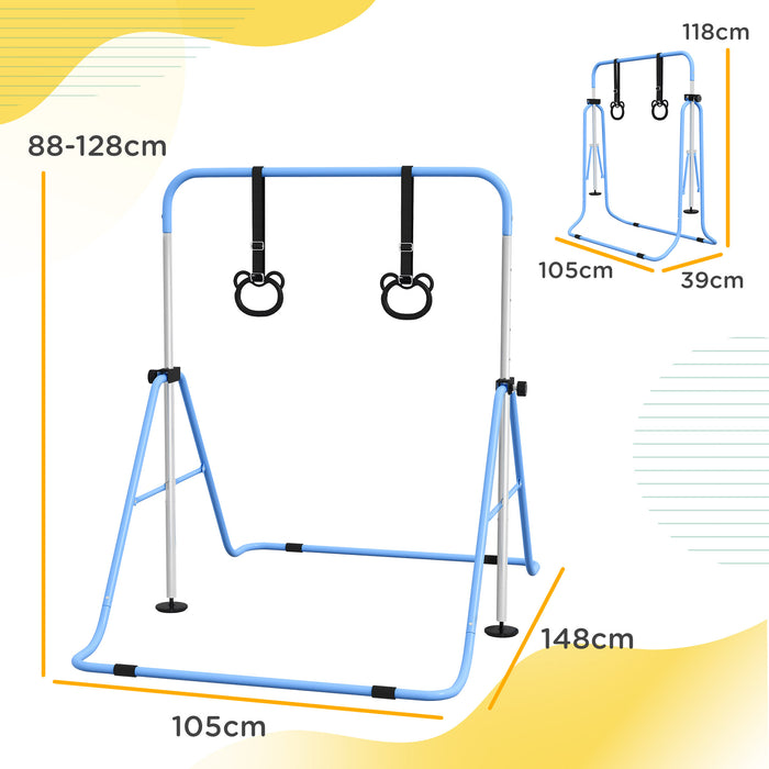 Foldable Children's Gymnastics Bar with Adjustable Height - Non-Slip Mats Included - Perfect for Aspiring Gymnasts Age 3 and Up, Vibrant Blue