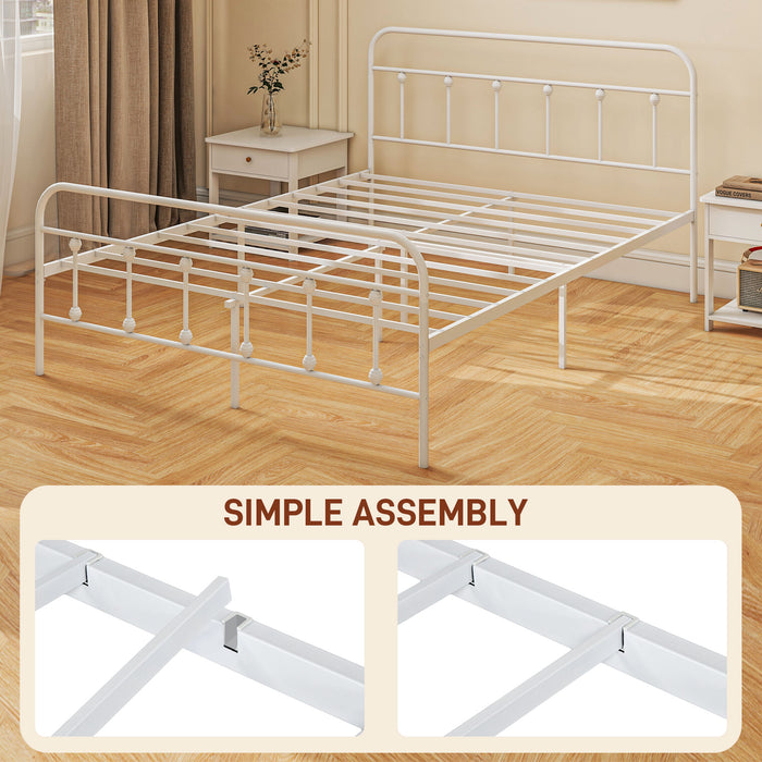 Double Platform Bed Frame with Underbed Storage - 4ft Steel Slat Design & Tall Headboard, No Box Spring Required - Space-Saving Easy Assembly, White