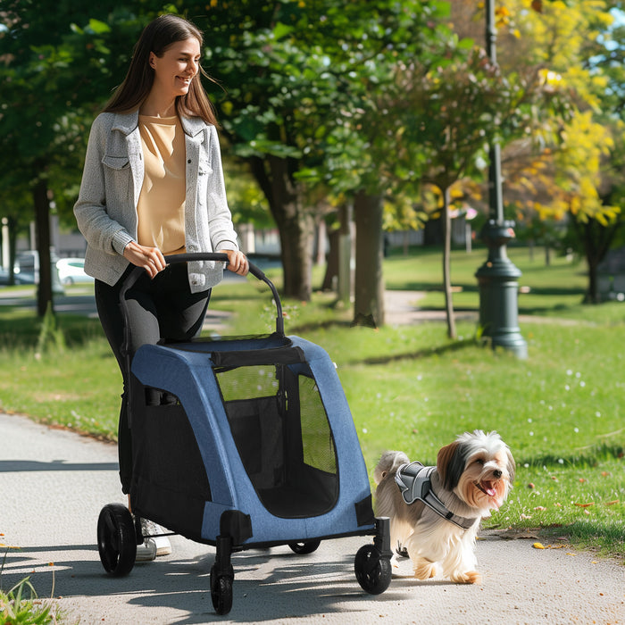 Dog Stroller with 4 Wheels - Breathable Mesh Windows Pet Trolley Carrier for Medium to Large Dogs - Ideal for Travel, Blue