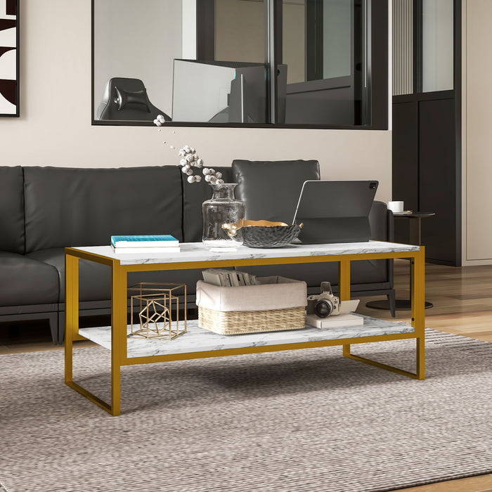 Modern Marble-Effect Two-Tier Coffee Table - Center Table with Storage Shelf, Sturdy Metal Frame - Elegant Furniture for Living Room Storage and Style