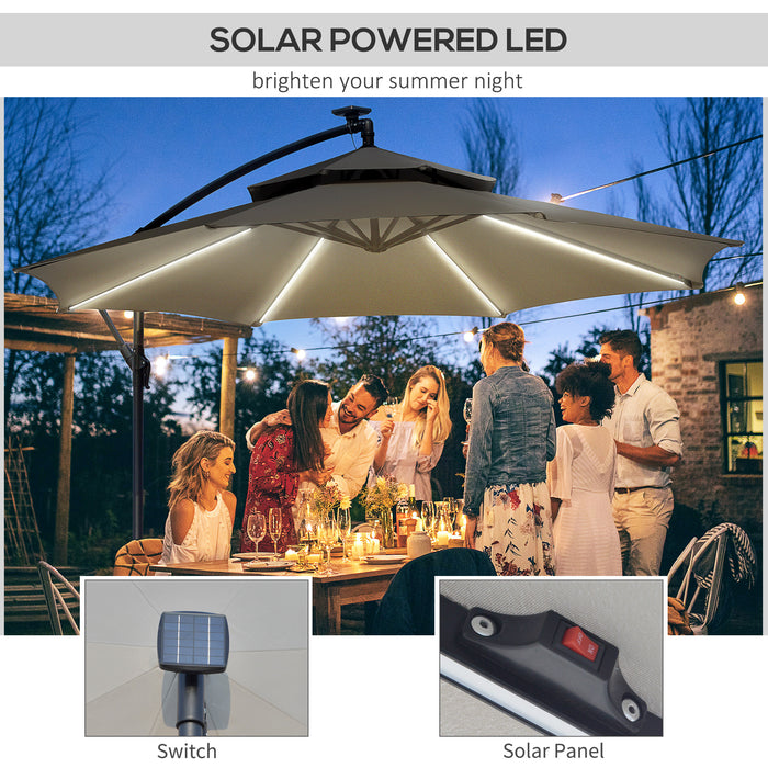 Cantilever Banana Parasol with LED Solar Lights - Double Roof Hanging Umbrella with Crank, 8 Ribs & Cross Base - Outdoor Oasis for Garden, Patio Use in Light Grey