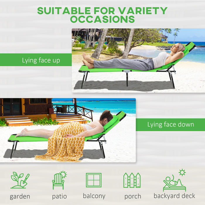 Outdoor Foldable Sun Lounger Set - 4-Level Adjustable Backrest, Pillow and Reading Hole, Green - Ideal for Patio Relaxation & Poolside Comfort