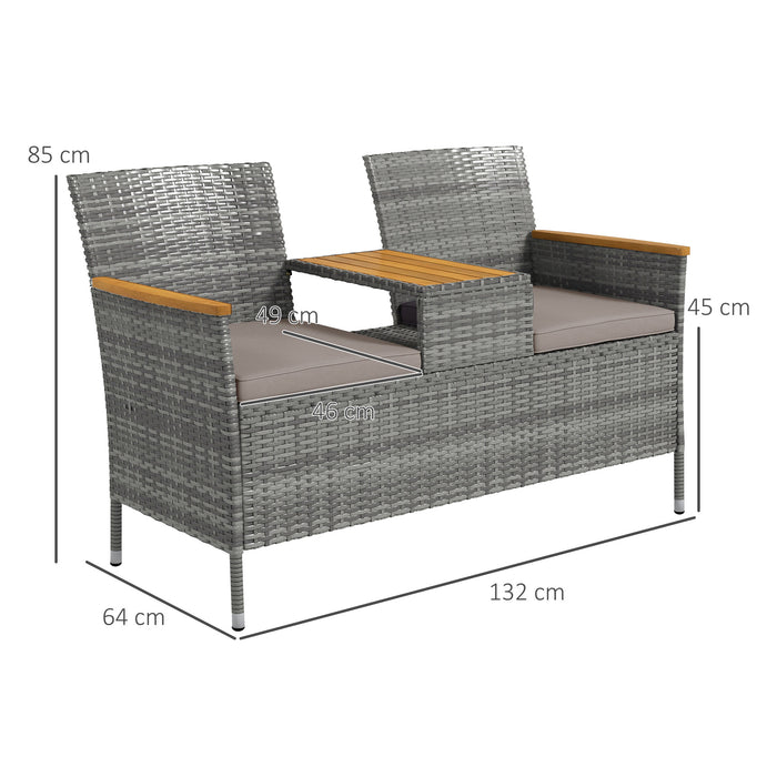 Rattan Two-Seater Loveseat with Integrated Wood-Top Table - Stylish Grey Outdoor Furniture - Perfect for Patio Conversation and Relaxation