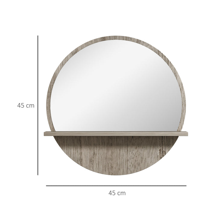 Round 45cm Wall Mirror with Grey Wood-Effect Shelf - Elegant Home Accent Piece - Ideal for Entryway Decoration and Space Saving