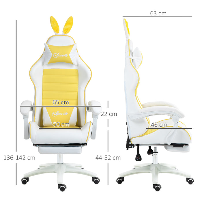 Racing Style Gaming Chair with Removable Rabbit Ears - PU Leather Adjustable Recliner, Footrest, Lumbar & Headrest Support, in Vibrant Yellow - Comfort for Gamers and Home Office Use