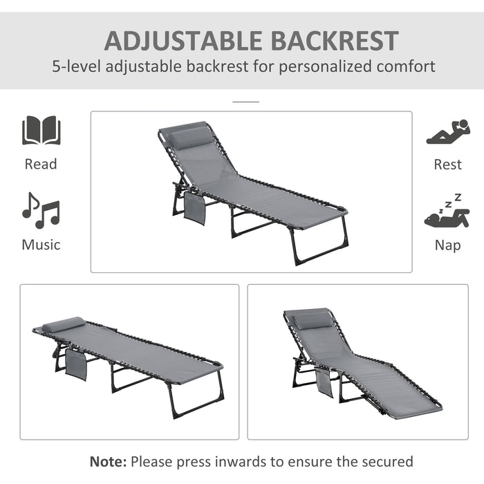 Folding Sun Lounger Set with Adjustable Backrest - 2-Pack Portable Reclining Chairs with Side Pocket & Pillow - Ideal for Patio, Beach, and Pool Relaxation, Grey