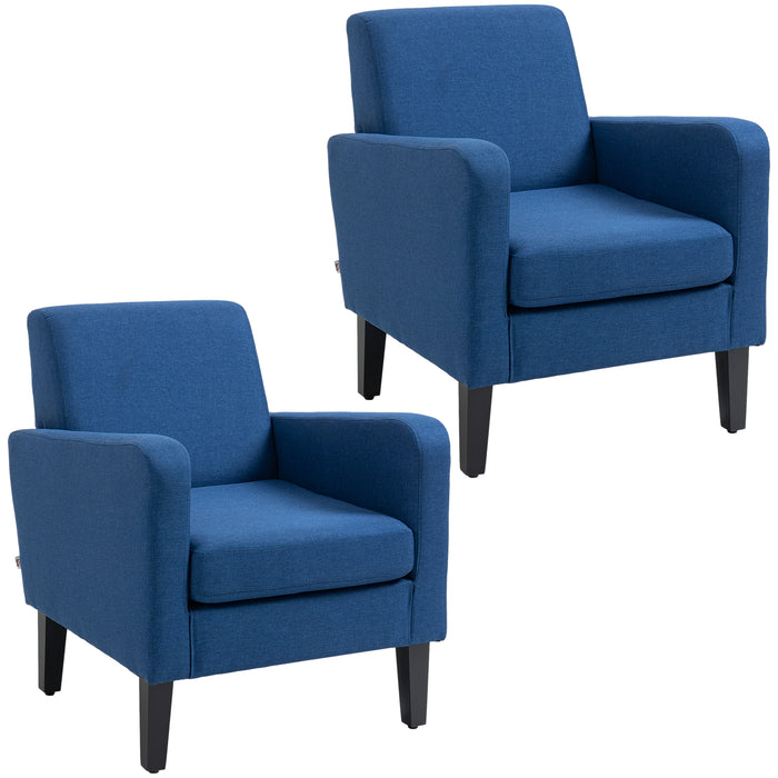 Modern Upholstered Armchairs Set - 2-Piece, Rubber Wood Legs, Accent Single Sofa Chairs in Blue - Ideal for Living Room and Bedroom Comfort