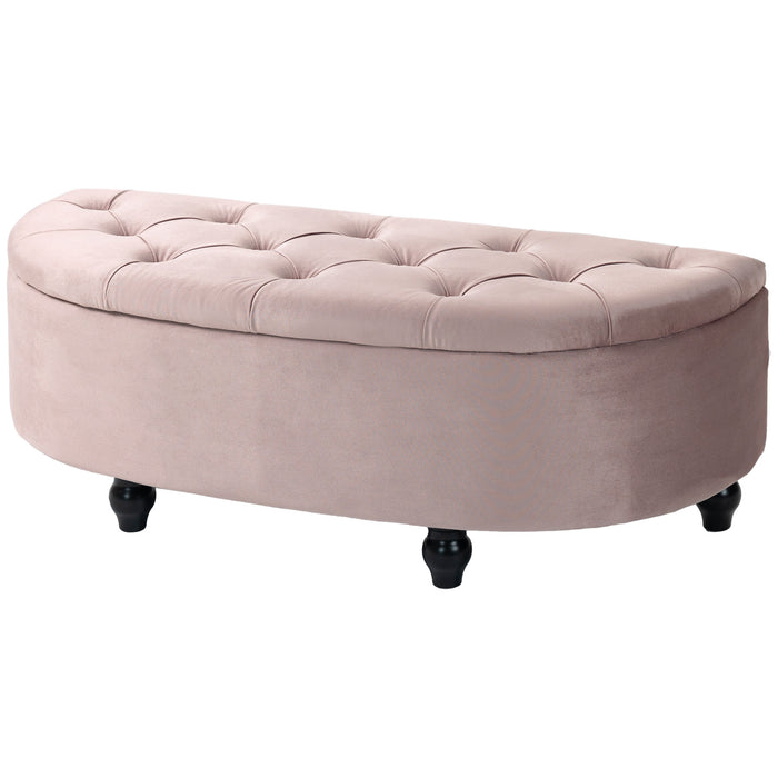 Tufted Semi-Circle Ottoman with Storage - Upholstered Bench Seat & Footrest with Rubberwood Legs for Bedroom and Entryway - Elegant Pink Accent Furniture for Comfort and Organization