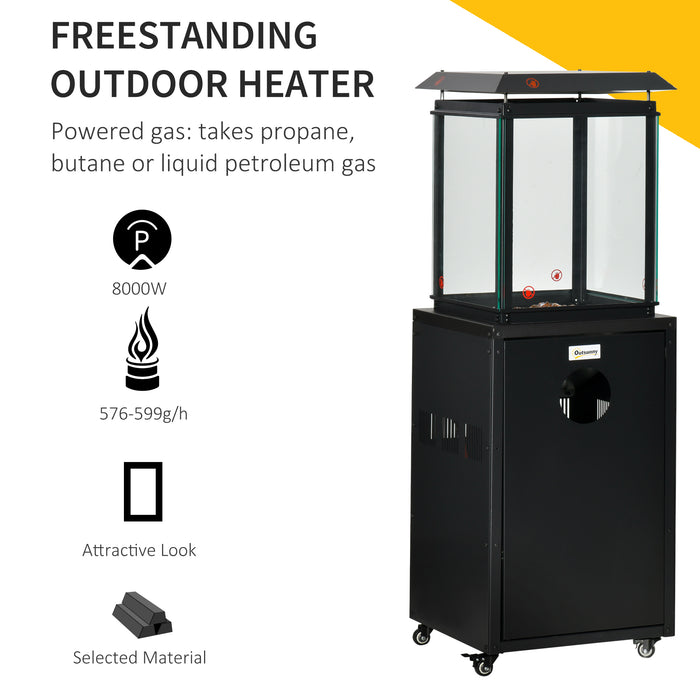 Freestanding 8KW Patio Gas Heater with Real Flame - Outdoor Garden Heating Solution with Wheels, Dust Cover, Regulator and Hose - Ideal for Entertaining and Chilly Evenings