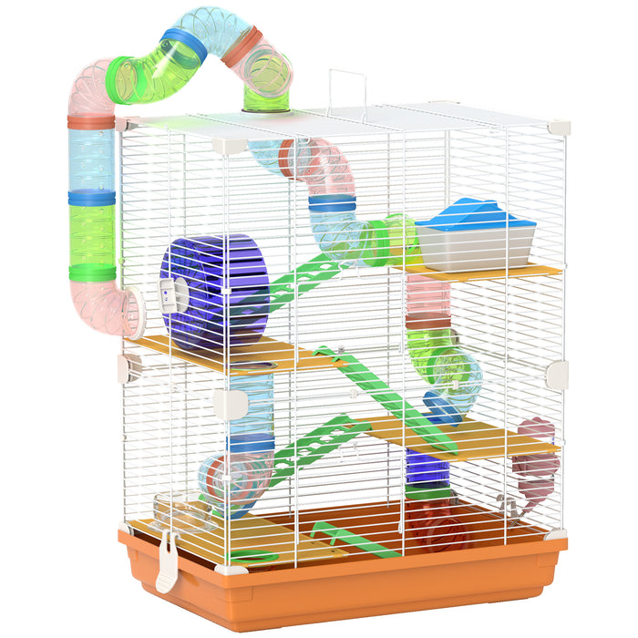 Aosom UK 5-Tier Hamster Cage - Spacious Carrier Habitat with Exercise Wheels and Tunnel, Vibrant Orange Design - Perfect for Active Hamsters and Small Pets