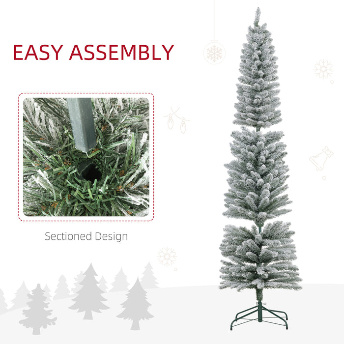 7ft Snow Flocked Pencil Christmas Tree - 405 Realistic Tips with Sturdy Metal Base - Space-Saving Design for Holiday Decor