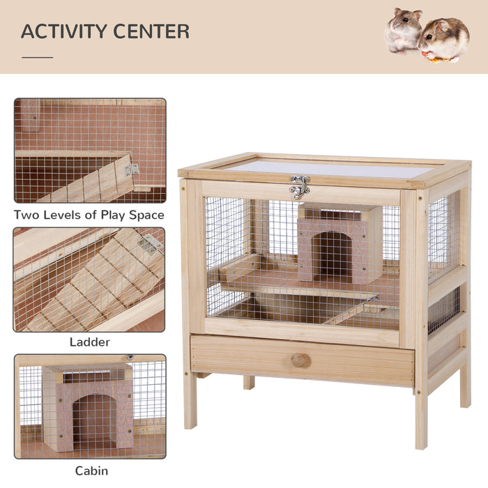 Large Wooden Double-Layer Hamster Cage - Rodent Mouse Small Animal Home with Easy Clean Hut Box - Spacious 46x34x48cm Living Space for Pet Comfort