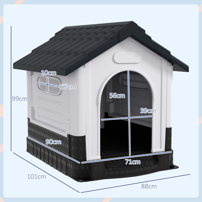 Durable Garden Plastic Dog Kennel with Ventilated Windows - Spacious 101x88x99cm Shelter for Medium to Large Canines - Ideal for Patio Outdoor Comfort in Grey