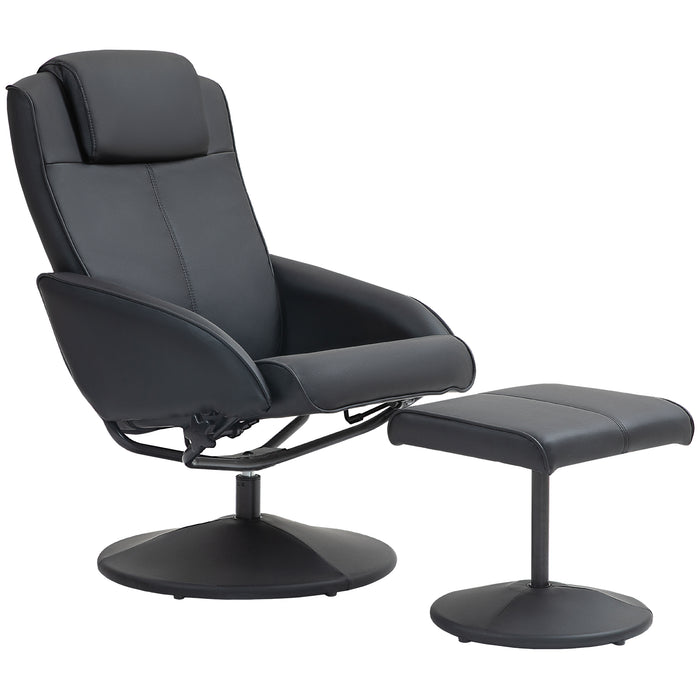 Reclining Faux Leather Lounge Chair with Matching Footstool - Sleek Black Finish - Ideal for Relaxing and Unwinding