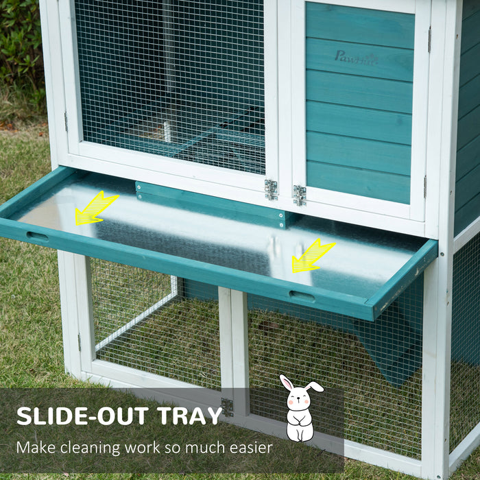 2 Tier Wooden Rabbit Hutch - Guinea Pig and Bunny Cage with Slide-out Tray, Outdoor Animal House - Ideal for Small Pets, 104x58x110cm, Green