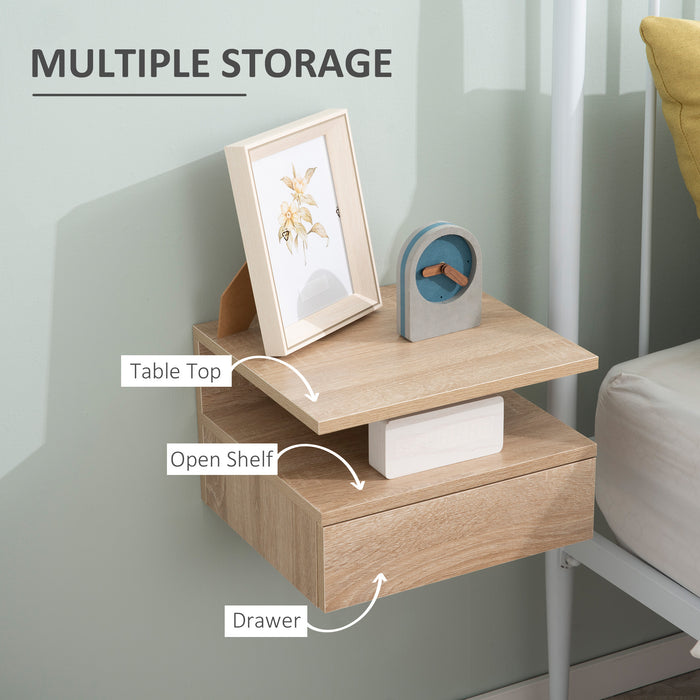 Wall-Mounted Oak-Toned Nightstand - Floating Bedside Cabinet with Drawer & Open Shelf - Space-Saving Bedroom Storage Solution